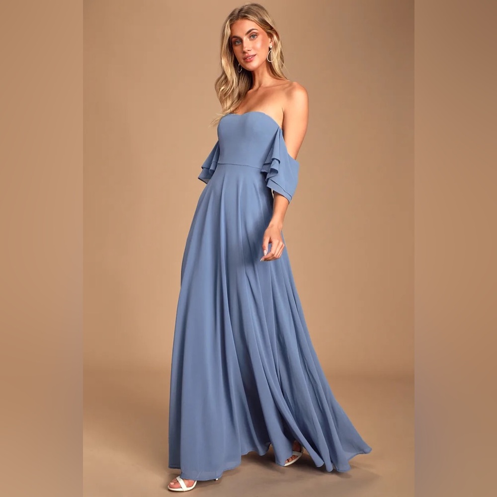 Lulus Abbington Denim Blue Off-the-Shoulder Maxi Dress